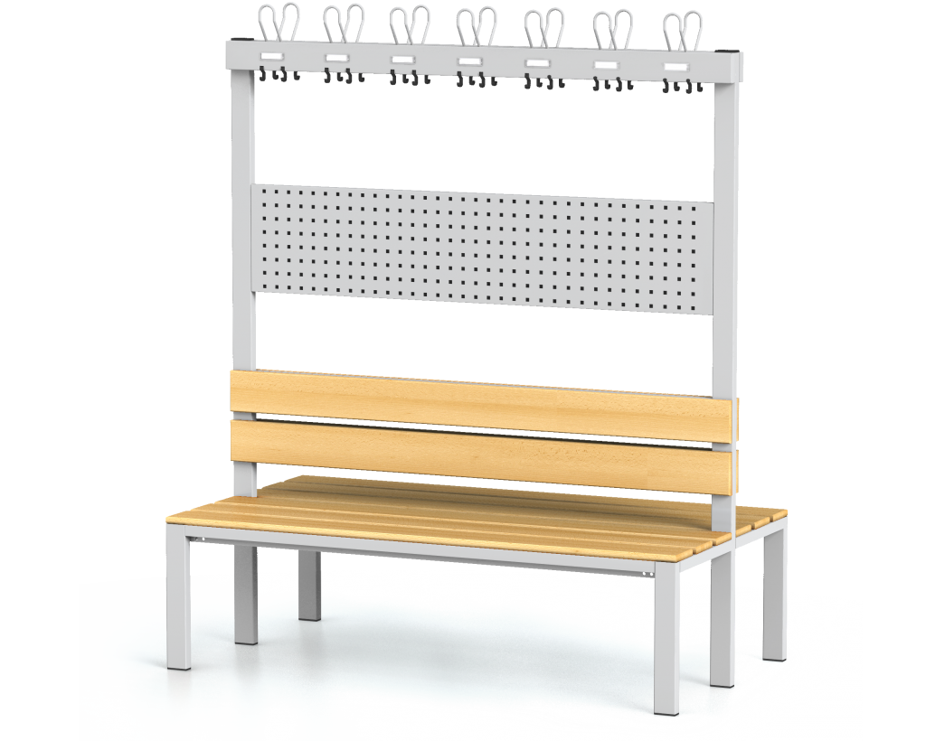 Oboustranná lavice s opěradlem a věšáky, bukové latě - základní provedení 1800 x 1500 x 830
